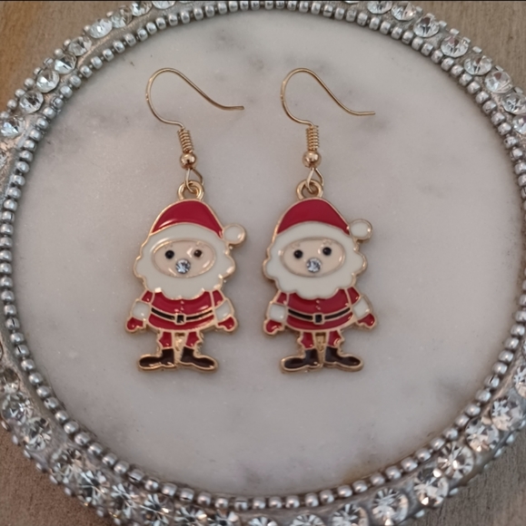 Red Enamel Rhinestone Holiday Christmas Santa Claus Dangle Drop Earrings - Picture 1 of 9
